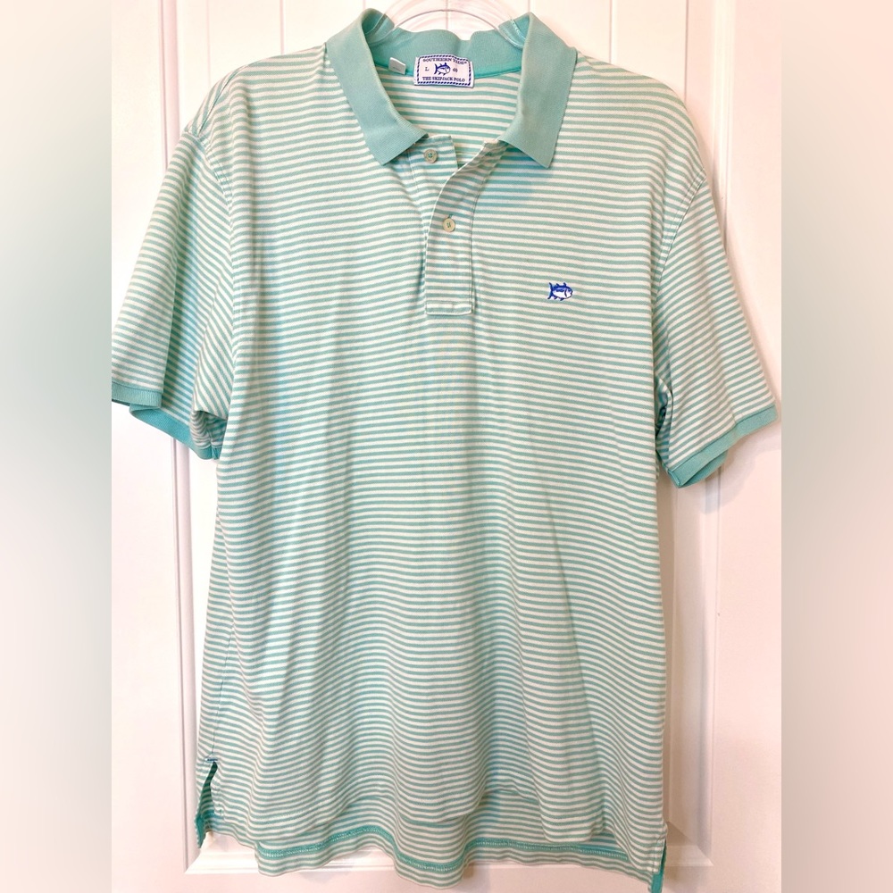 Southern Tide Sea Foam Light Green White Striped Skipjack Polo Shirt